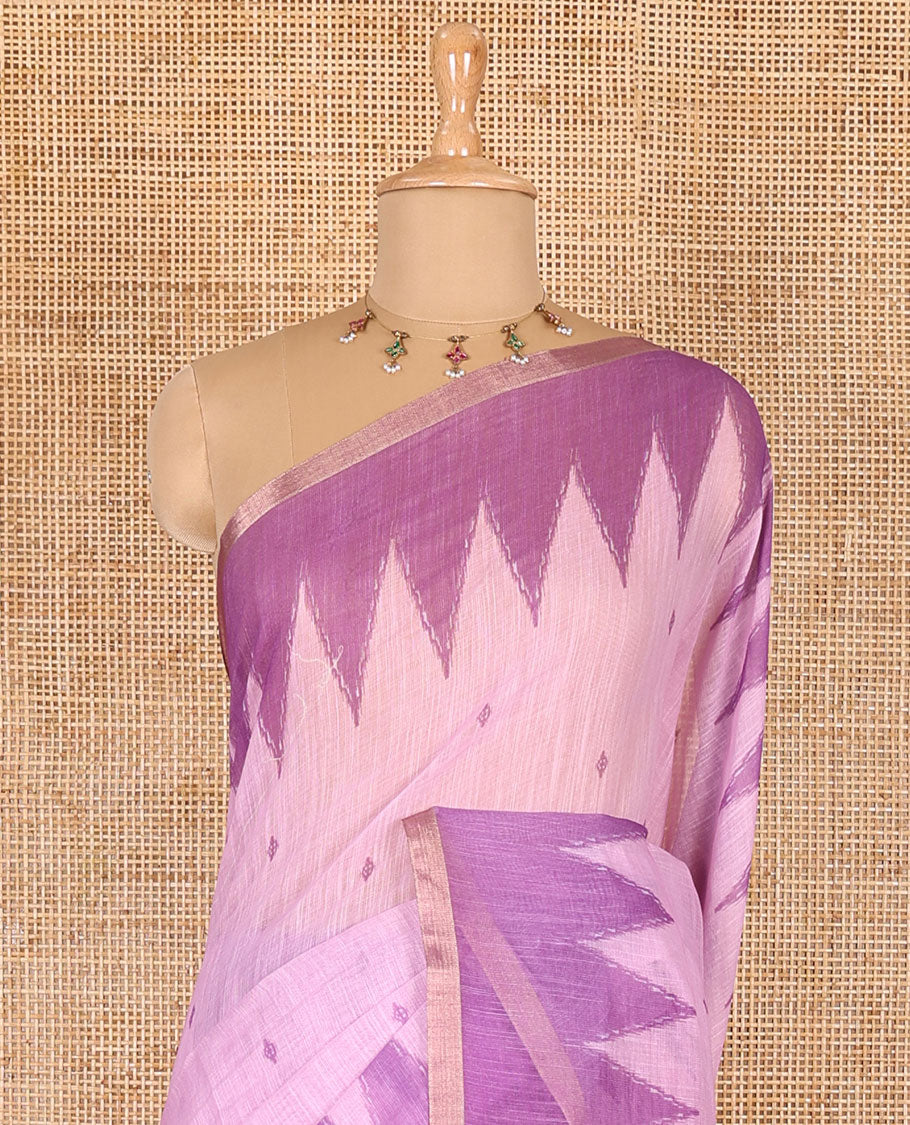 Baby pink small thread buttas linen cotton saree, contrast temple zari piping border, striped pallu and a contrast blouse