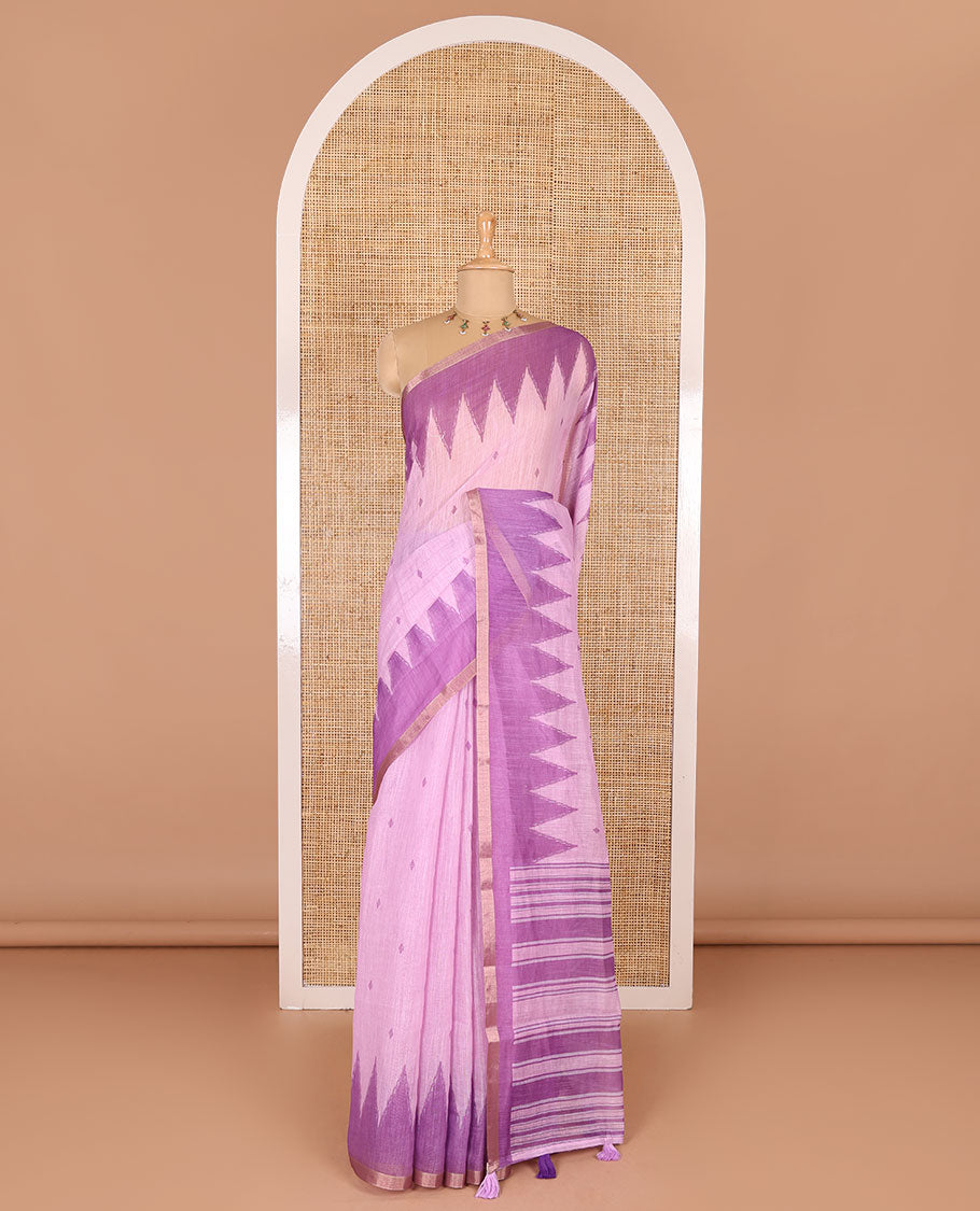 Baby pink small thread buttas linen cotton saree, contrast temple zari piping border, striped pallu and a contrast blouse