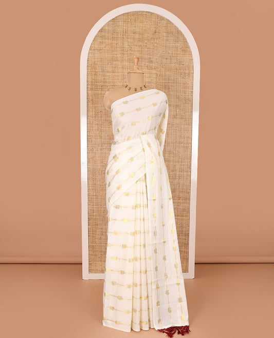 Borderless cream-maroon peacock and horizontal zari striped Kerala cotton saree, self-pallu with tassels, and a matching blouse