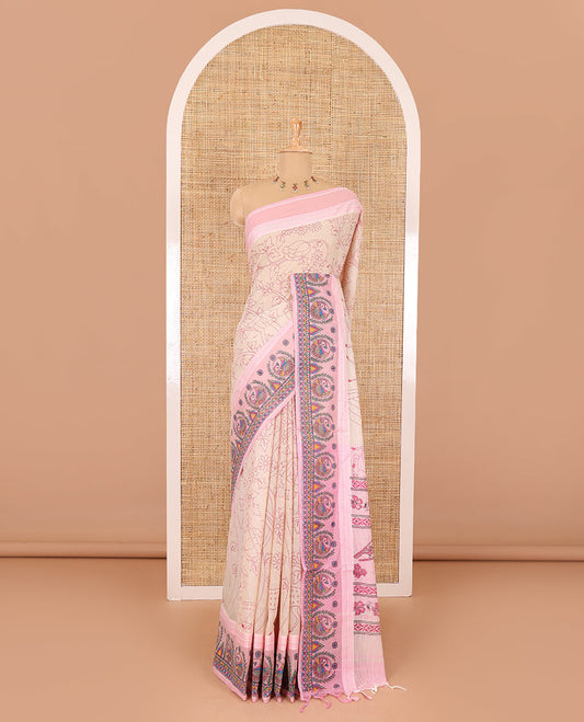 Chikku-baby pink floral, and dear motifs printed mangalagiri cotton saree, contrast resham thread traditional temple  border of Madhubani floral-peacock print, printed pallu, and a contrast blouse