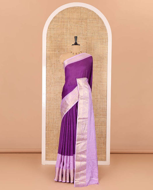 Purple embossed moss chiffon saree, contrast embossed with traditional zari border, jaal pallu, and a contrast blouse