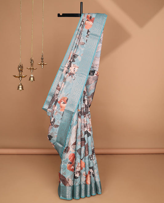 Aqua green floral weaving zari design semi-dupion saree with sliver zari border & rich weaving zari pallu along with weaving blouse