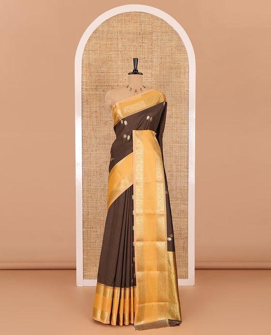 Brown buttas soft silk saree , contrast peacock and mango zari weaving border , contrast weaving rich pallu and contrast Blouse