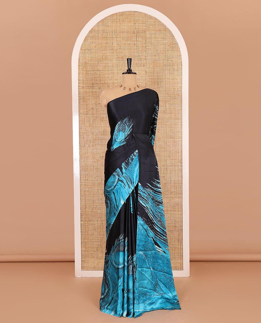 Borderless black and blue peacock feathers style abstract printed Gajji silk saree, peacock feathers printed pallu, and a contrast printed blouse