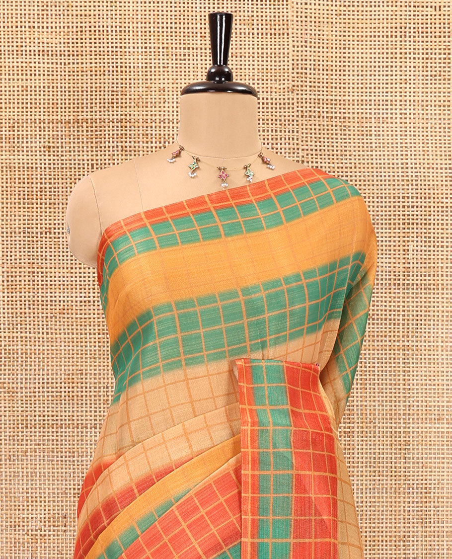 Borderless horizontally striped and checked linen cotton saree, self-pallu, and small checks rainbow theme printed blouse