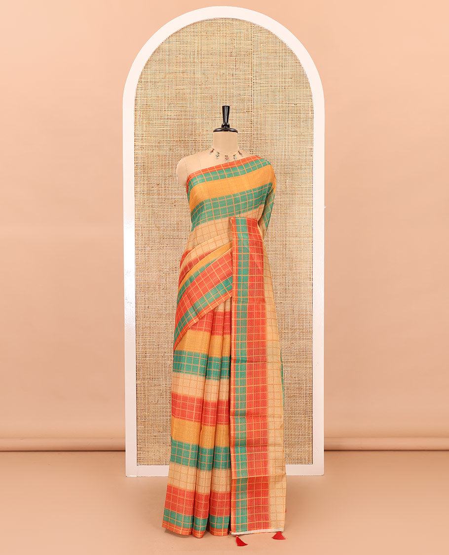 Borderless horizontally striped and checked linen cotton saree, self-pallu, and small checks rainbow theme printed blouse