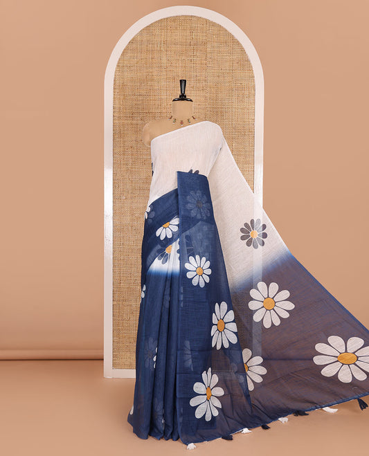 Borderless white-blue 2D-style daisy floral printed linen cotton saree, daisy floral printed pallu, and daisy floral printed blouse
