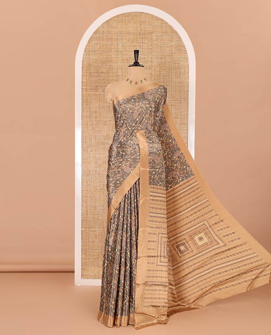 Grey floral style printed Turkey crepe saree, contrast plain border, geometric printed pallu, and a contrast polka dotted blouse