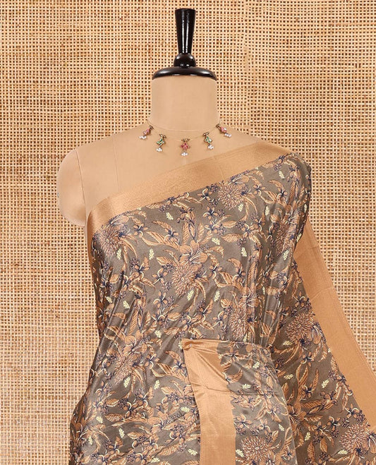 Grey floral style printed Turkey crepe saree, contrast plain border, geometric printed pallu, and a contrast polka dotted blouse