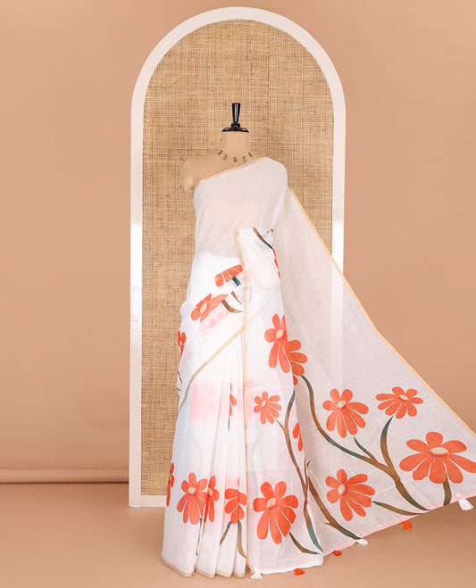 Borderless white floral design chanderi cotton saree , floral vine printed pallu and small floral printed blouse