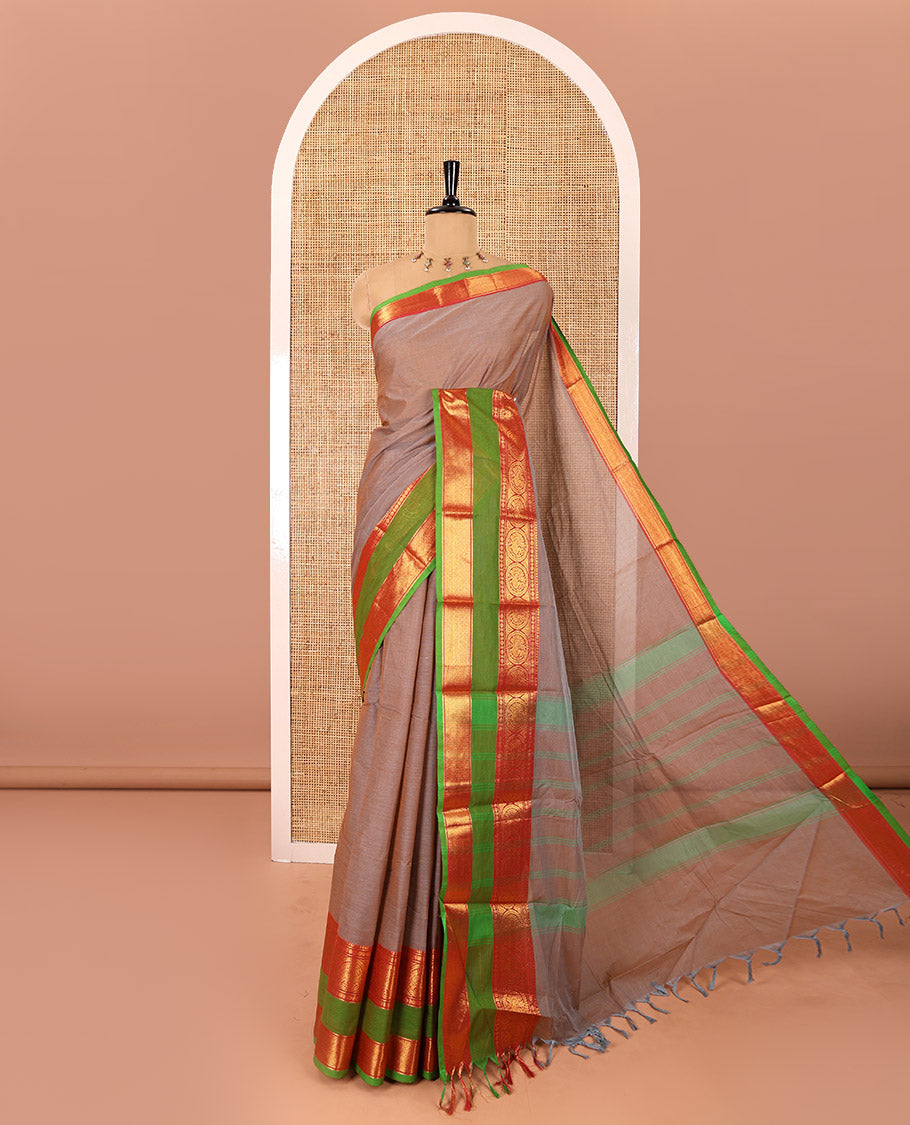 Beige plain Chettinad cotton saree, contrast traditional zari rettai pettu border, striped pallu, and a matching blouse