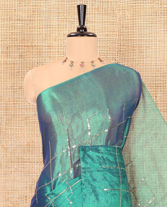 Borderless peacock green sequins embroidered checked khadi tissue saree, self-pallu, and a plain matching blouse