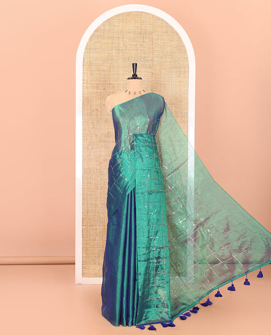 Borderless peacock green sequins embroidered checked khadi tissue saree, self-pallu, and a plain matching blouse