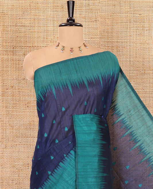 Navy blue buttas semi-jute saree with contrast temple border, thread striped pallu, and a contrast thread buttas blouse
