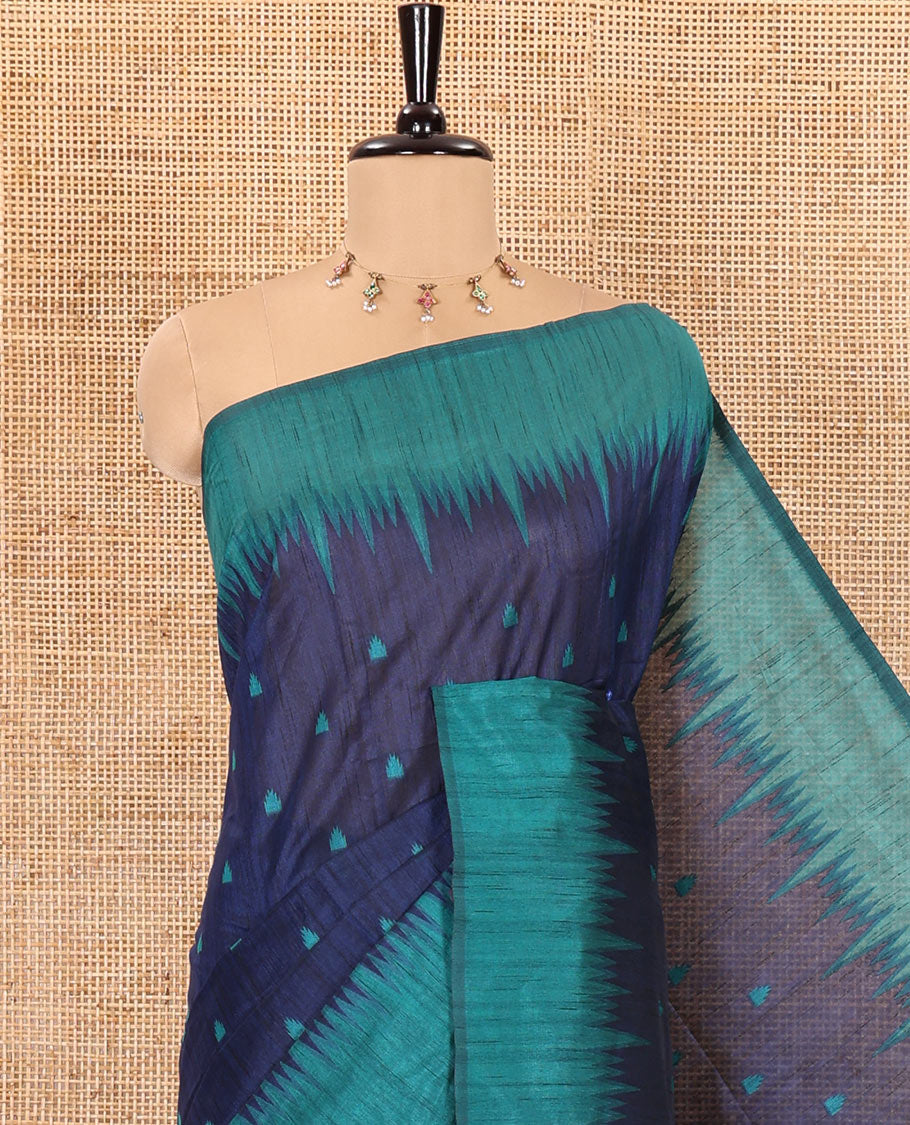Navy blue buttas semi-jute saree with contrast temple border, thread striped pallu, and a contrast thread buttas blouse