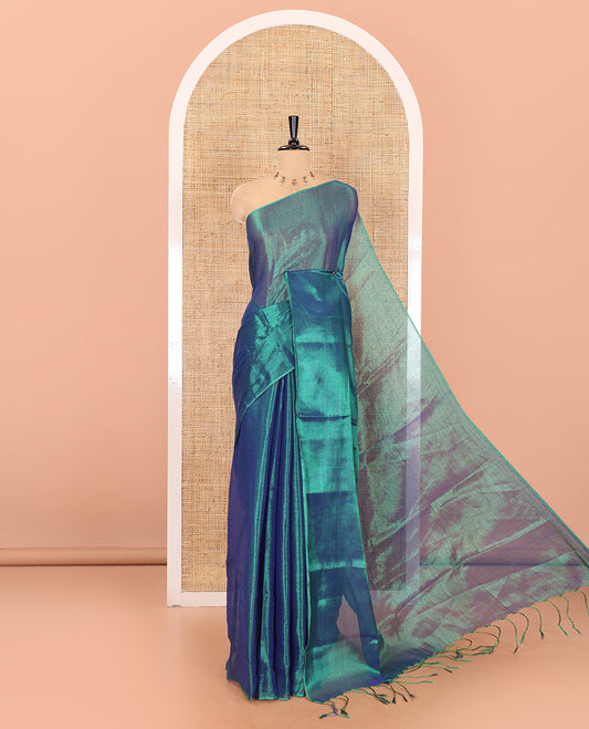 Borderless peacock green plain khadi tissue saree self pallu with tassels  and a matching blouse