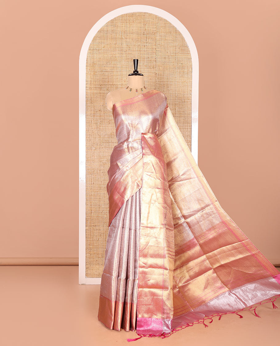 Light Pink Tissue Saree Features Floral Jacquard Design Woven All Over Its Body, Features a Contrast Gleaming Zari Traditional Design Border, Zari-Enriched Pallu, and a Matching Blouse