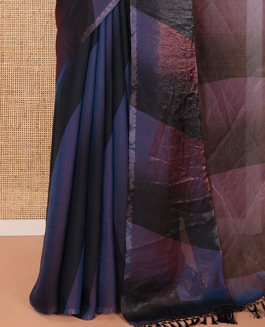 Borderless Purple and Blue Fendy Chiffon Saree Featuring a Leheriya-Style Dual-Toned Print, a Subtly Designed Self Pallu, Paired with a Matching Blouse Showcasing Chakra Motifs Enclosed in a Jaal Print