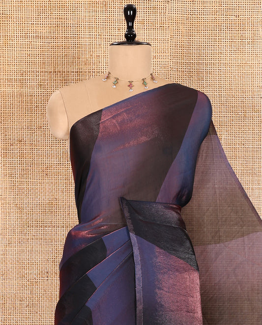 Borderless Purple and Blue Fendy Chiffon Saree Featuring a Leheriya-Style Dual-Toned Print, a Subtly Designed Self Pallu, Paired with a Matching Blouse Showcasing Chakra Motifs Enclosed in a Jaal Print