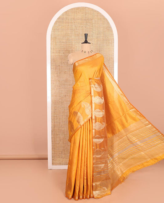 Mustard Plain Semi-Tussar Saree Artfully Detailed with a Self Border Featuring Floral and Paisley Zari Weave, Adorned with a Zari-Striped Pallu, Paired with a Matching Zari-Woven Blouse