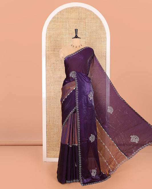 Gold Fendy Chiffon Saree Featuring Elegant Stripes and Buttas Adorned with Sparkling Swarovski Stone Work, Enhanced with a Scalloped Swarovski Stone Work Border, and Paired with a Matching Blouse Embellished with Swarovski Stone Work