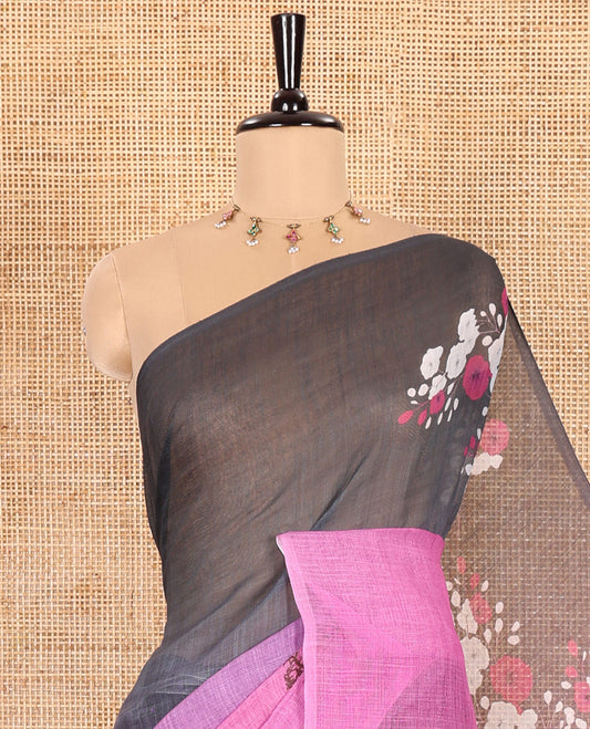 Borderless Baby Pink Linen Cotton Saree Enthralled with Nature-Theme Print Featuring the Sun, Trees, and Birds All Over the Saree, Paired with a Striped Blouse