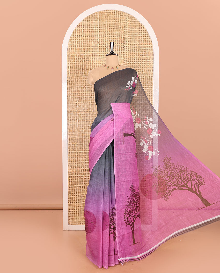 Borderless Baby Pink Linen Cotton Saree Enthralled with Nature-Theme Print Featuring the Sun, Trees, and Birds All Over the Saree, Paired with a Striped Blouse