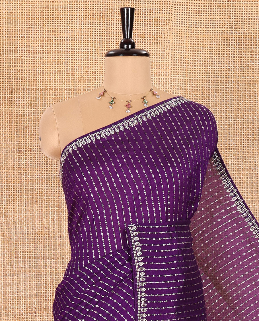 Dark Violet Vitchitra Silk Saree Elevated with Sequin-Style Foil Prints All Over Its Body, Jarkan Stone Work Border, and Paired with a Matching Jarkan Stone Work Blouse