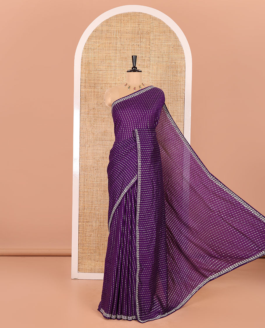 Dark Violet Vitchitra Silk Saree Elevated with Sequin-Style Foil Prints All Over Its Body, Jarkan Stone Work Border, and Paired with a Matching Jarkan Stone Work Blouse