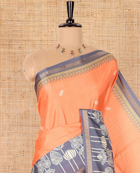 Orange Katan Silk Saree Subtly Sparkled with Leaf Motifs Print, Complemented by a Contrast Border of Tropical Floral Prints, Pallu of Jaal Design, and Paired with a Contrast Blouse