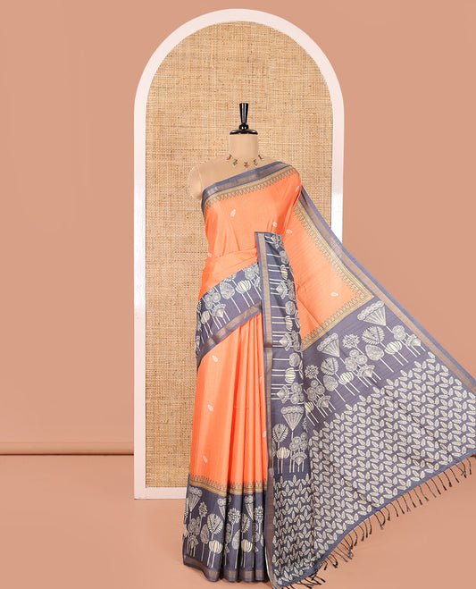 Orange Katan Silk Saree Subtly Sparkled with Leaf Motifs Print, Complemented by a Contrast Border of Tropical Floral Prints, Pallu of Jaal Design, and Paired with a Contrast Blouse