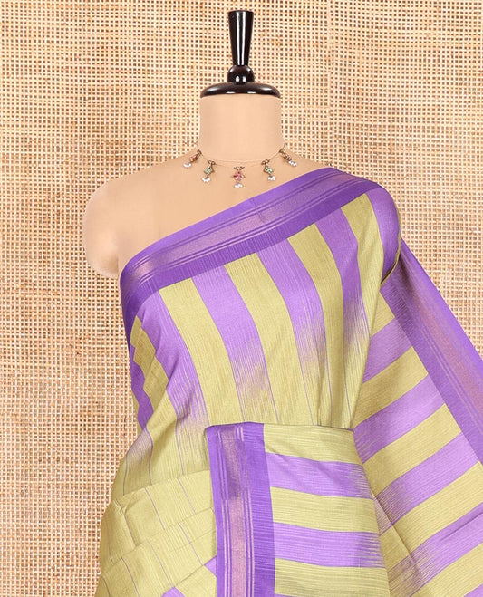 Green Manipuri Silk Saree, Subtly Woven with Vertical Stripes All Over Its Body, Complemented by Contrast Zari Border, Sparsely Striped Pallu, and Paired with a Contrast Blouse