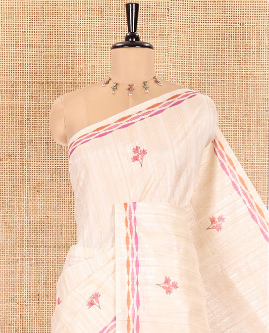 Chikku Semi-Tussar Silk Saree, Artfully Printed with Floral Motifs on Its Body, a Subtly Printed Border, Pallu of Floral Vine and Parrot Print, and Paired with a Matching Printed Blouse