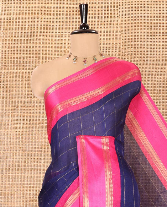 Navy Blue Moss Chiffon Saree, Elevated with Checked Design on Its Body, Complemented by a Contrast Rettai Pettu Traditional Zari Border, Striped Pallu, and Paired with a Contrast Blouse