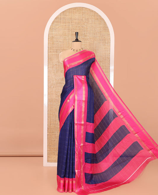 Navy Blue Moss Chiffon Saree, Elevated with Checked Design on Its Body, Complemented by a Contrast Rettai Pettu Traditional Zari Border, Striped Pallu, and Paired with a Contrast Blouse