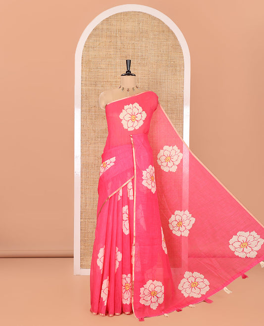 Pink Linen Cotton Saree, Beautified with Flower Motifs Printed on Its Body, Subtle Piping Border, Self-Printed Pallu, and Paired with a Matching Blouse