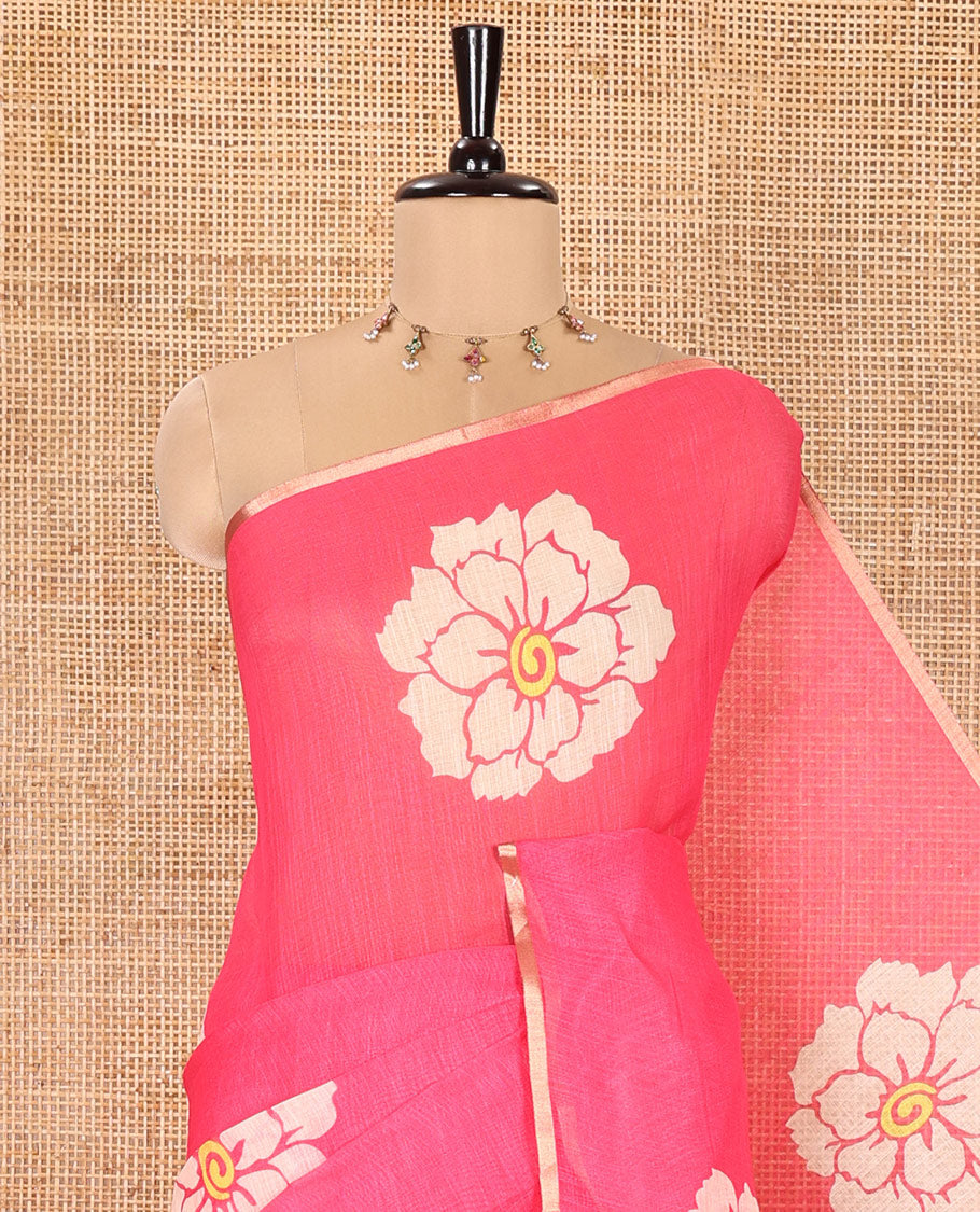 Pink Linen Cotton Saree, Beautified with Flower Motifs Printed on Its Body, Subtle Piping Border, Self-Printed Pallu, and Paired with a Matching Blouse