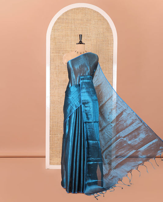 Borderless Peacock Blue Plain Khadi Tissue Saree, a Self-Pallu, and Paired with a Matching Blouse