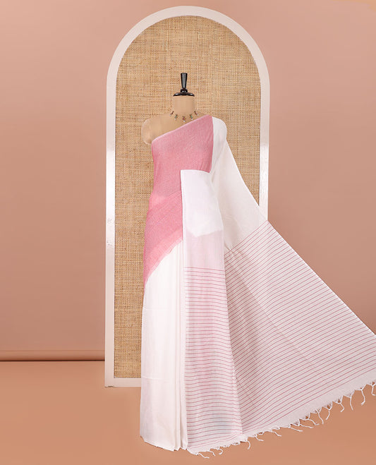 Borderless White and Pink Plain Khadi Mul Cotton Saree, Self-Pallu Steeped with Stripes, and Paired with a Plain Blouse