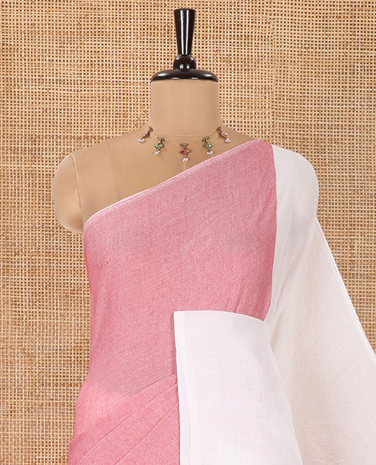 Borderless White and Pink Plain Khadi Mul Cotton Saree, Self-Pallu Steeped with Stripes, and Paired with a Plain Blouse