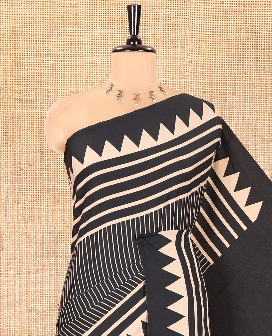 Black Satin Crepe Saree, Subtly Sparkled with Vertical Stripes On Its Body, Highlighted by Temple Border, Pallu Features Big Polka Dot Motifs, and Paired with a Printed Blouse
