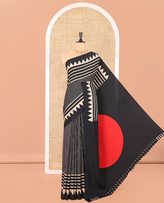 Black Satin Crepe Saree, Subtly Sparkled with Vertical Stripes On Its Body, Highlighted by Temple Border, Pallu Features Big Polka Dot Motifs, and Paired with a Printed Blouse