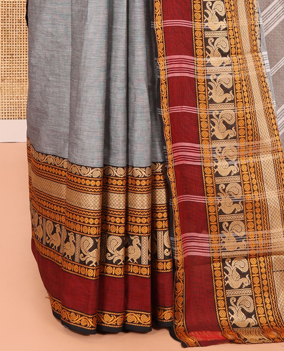 Grey Plain Chettinad Cotton Saree, Complemented by a Contrast Traditional Design Rettai Pettu Border of Peacock Designs, Subtly Striped Pallu, and Comes Without a Blouse