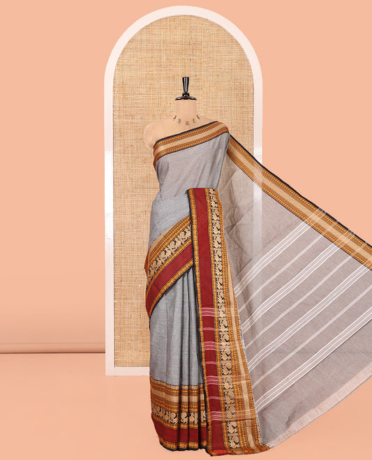 Grey Plain Chettinad Cotton Saree, Complemented by a Contrast Traditional Design Rettai Pettu Border of Peacock Designs, Subtly Striped Pallu, and Comes Without a Blouse