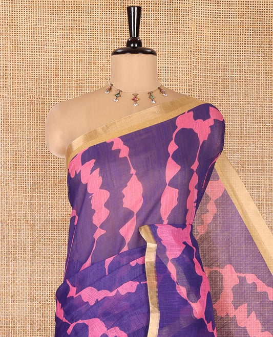 Dark Violet Linen Cotton Saree, Adorned with Shibori Print On Its Body, Subtle Piping Border, Pallu Steeped with Floral Vine Print, and Paired with a Printed Blouse