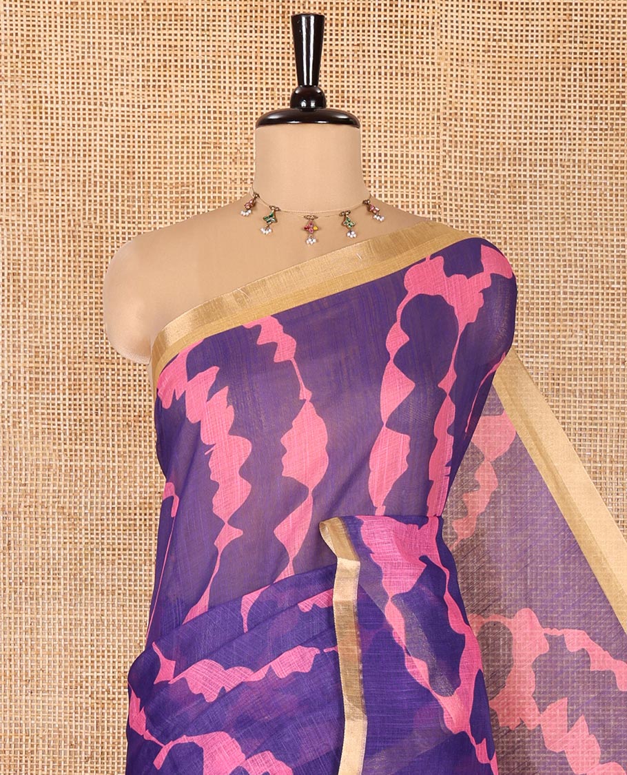 Dark Violet Linen Cotton Saree, Adorned with Shibori Print On Its Body, Subtle Piping Border, Pallu Steeped with Floral Vine Print, and Paired with a Printed Blouse