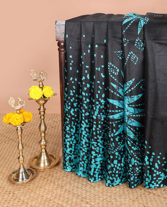 Black with green floral print , sun tapestry design khadhi silk saree with self border & floral print , sun tapestry design pallu along with plain blouse