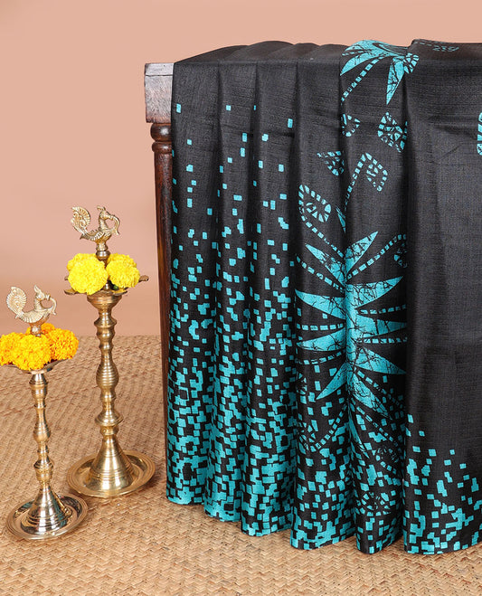 Black with green floral print , sun tapestry design khadhi silk saree with self border & floral print , sun tapestry design pallu along with plain blouse