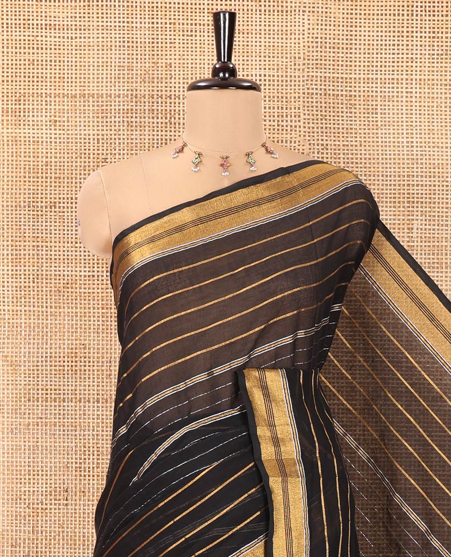 Black Khadi Mul Cotton Saree, Woven with Horizontal Stripes On Its Body, Subtle Zari Border, Stripes Pallu, and Paired with a Matching Blouse