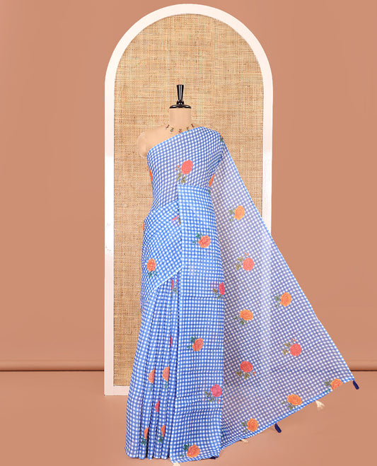 Borderless Blue Linen Cotton Saree, Adorned with Checked Design and Rose Motifs on Its Body, a Self-Pallu, and Paired with a Contrast Blouse